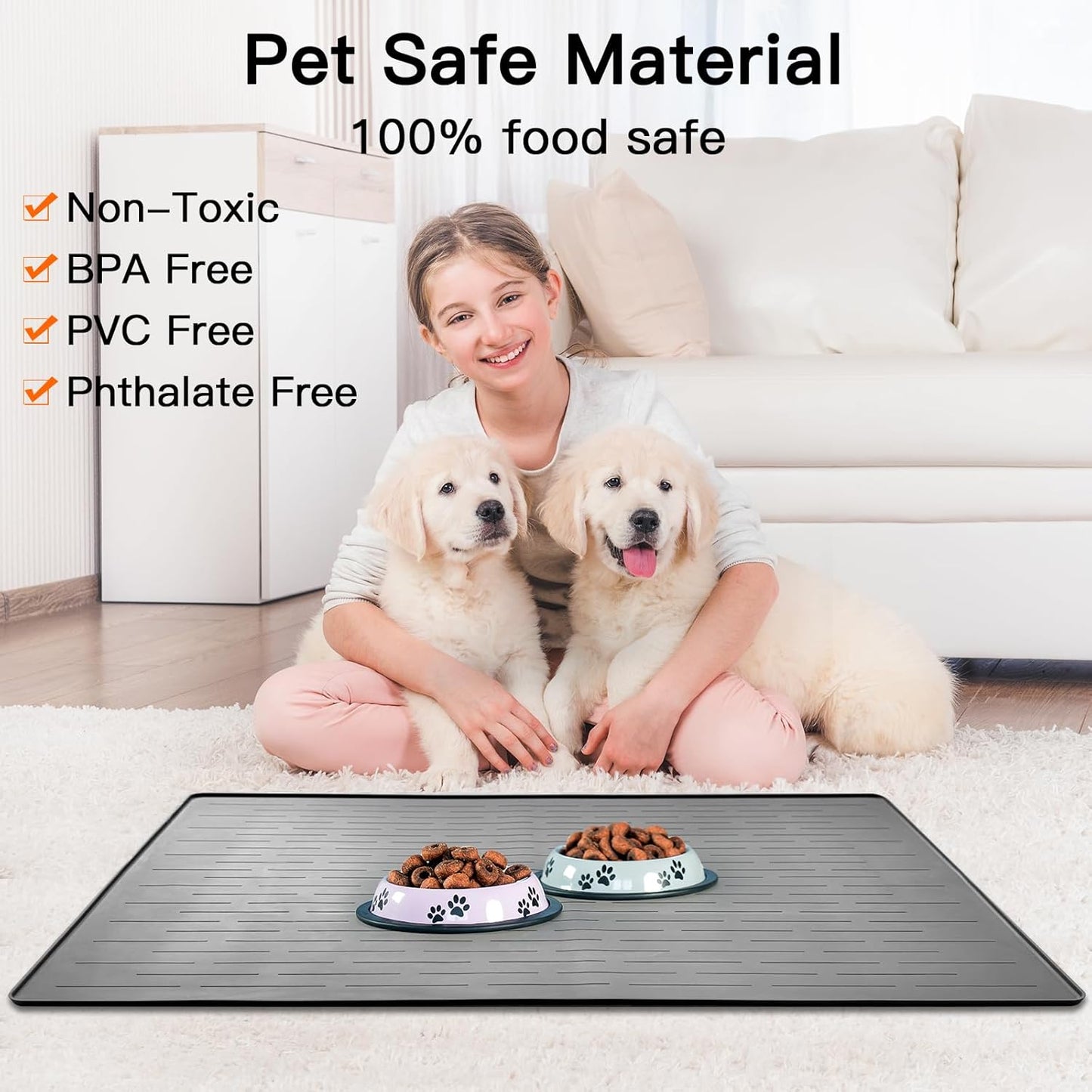 32" x 24" Large Pet Food Mat, Silicone Dog Mats for Food and Water, Nonslip Pet Feeding Mats for Floors,Dog Cat Bowl Mat with Raised Edges, Gray White