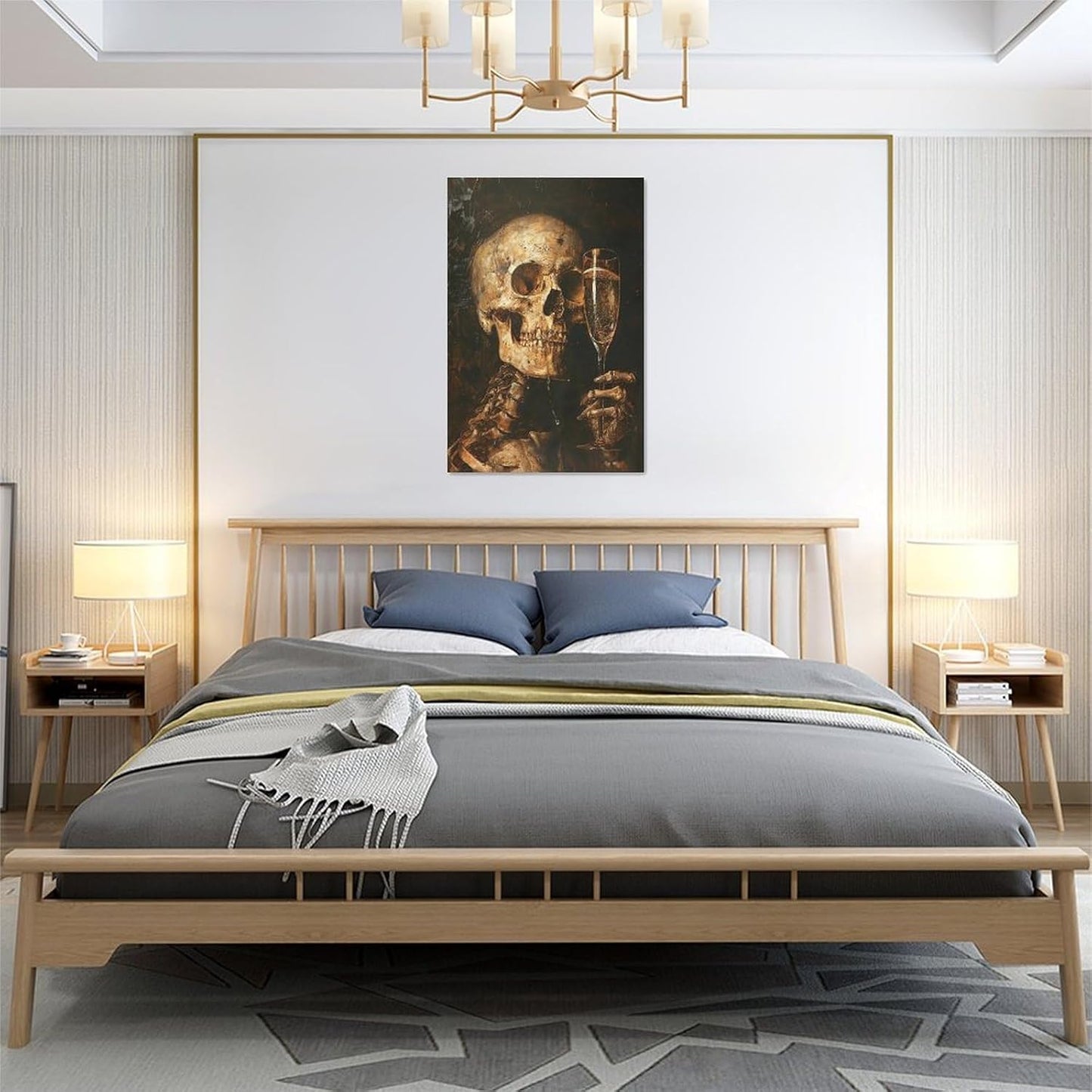 Quorin Gothic Skeleton Wall Art Goth Skull Champagne Wall Decor Dark Academia Pictures Horror Canvas Print Painting Artwork for Bathroom Living Room Bedroom 16"x24"
