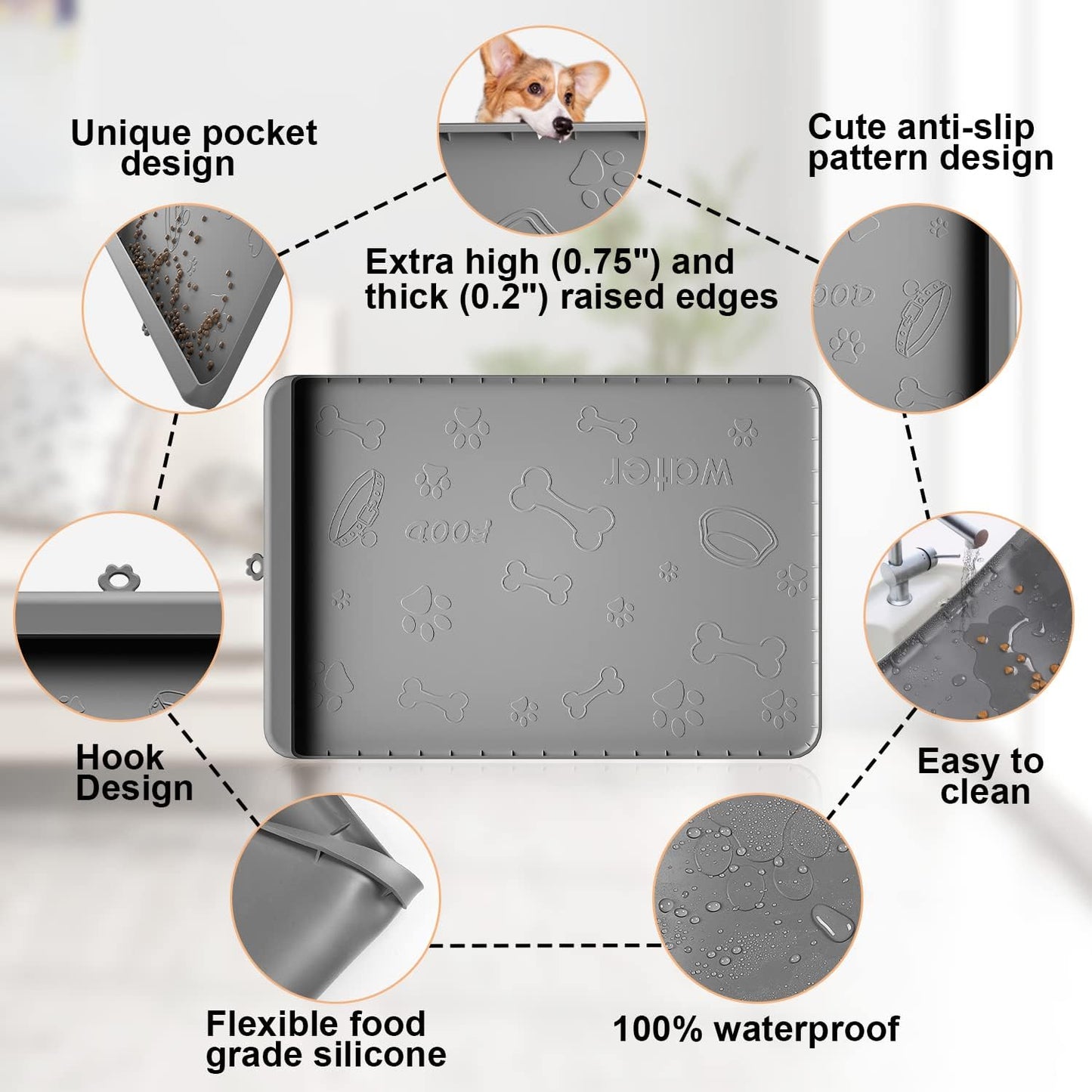 Dog Food Mat - Silicone Dog Mat for Food and Water - 28" x 20" Pet Feeding Mats with Residue Collection Pocket - Waterproof Dog Cat Bowl Mat with High Edges to Prevent Water Food Spills (Gray)