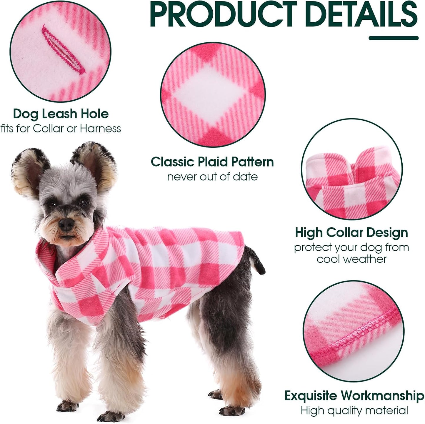 Kuoser Dog Fleece Vest,Warm Plaid Dog Sweater with Leash Hole,Soft Turtleneck Winter Pet Jacket Dogs Coat Pullover Clothes for Small Medium Dogs Cats,Spring Fall Cold Weather Christmas Outfit,Pink XXS