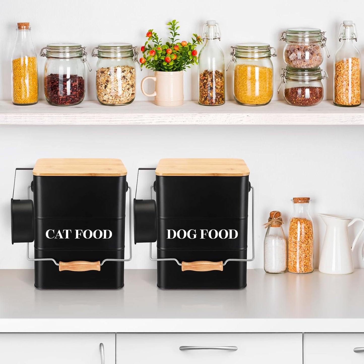 Tioncy 2 Pcs Metal Dog and Cat Food Storage Containers Big Pet Food Containers with Bamboo Lids and Spoon Airtight 5-7 Lbs Dog Cat Treat Snack Jars with DIY Labels for Kitchen Counter(Black)