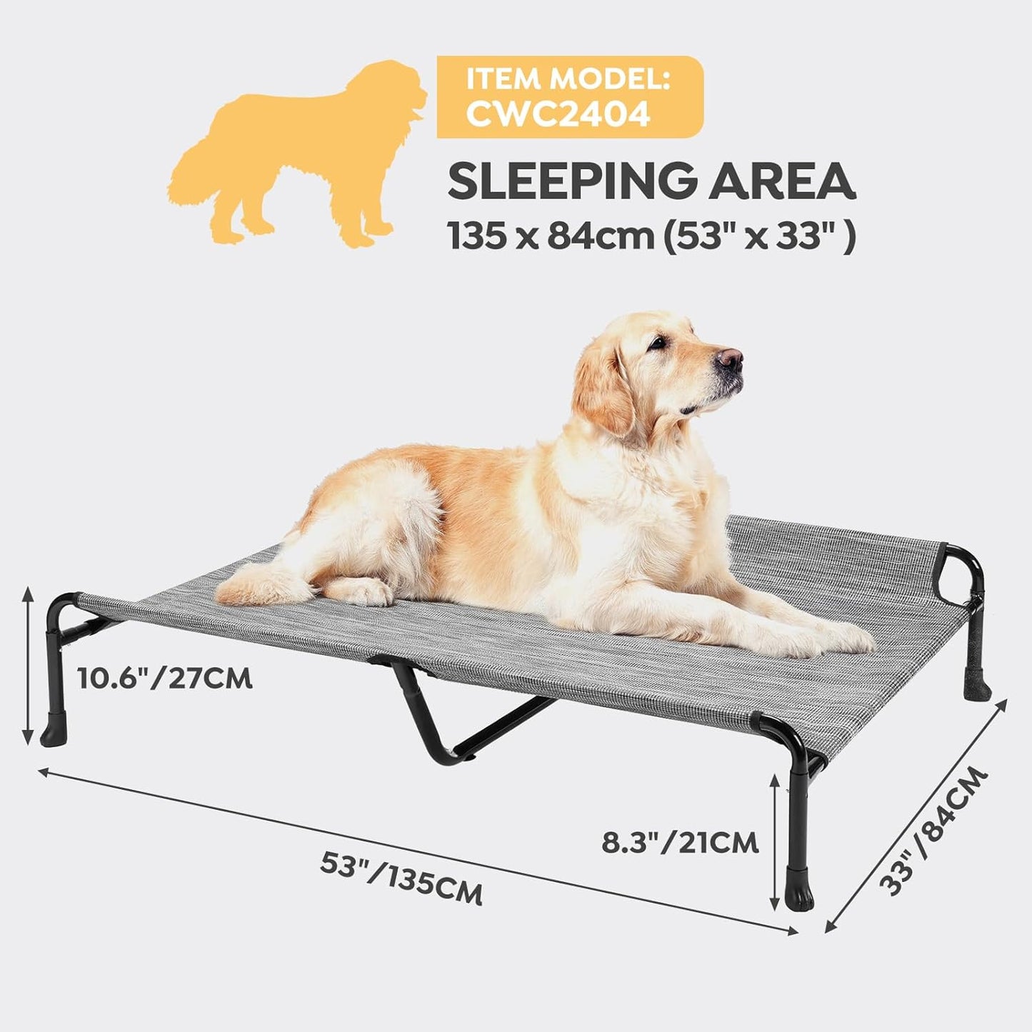 Veehoo Cooling Elevated Dog Bed - Raised for Large Dogs, Outdoor With Guardrail, Upgraded Non-Slip Feet, Breathable Teslin Mesh, Portable Camping Cot, 53 x 33 Inches, Black Silver