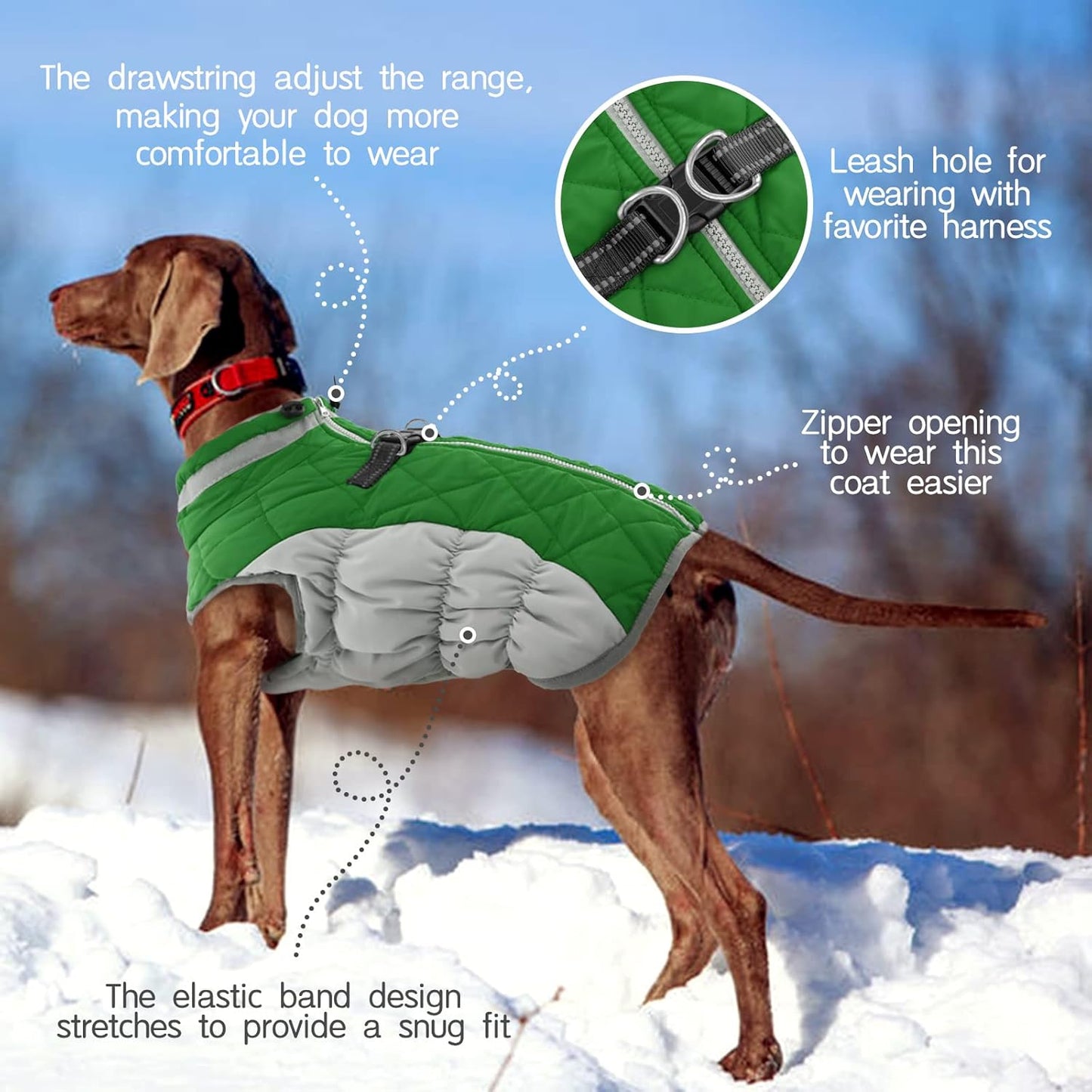 FUAMEY Dog Coat for Large Dogs,Waterproof Dog Winter Jacket with Harness Built in Puppy Cold Weather Coats Reflective Pet Vest with Zipper Warm Fleece Dogs Snowsuit Windproof Green L
