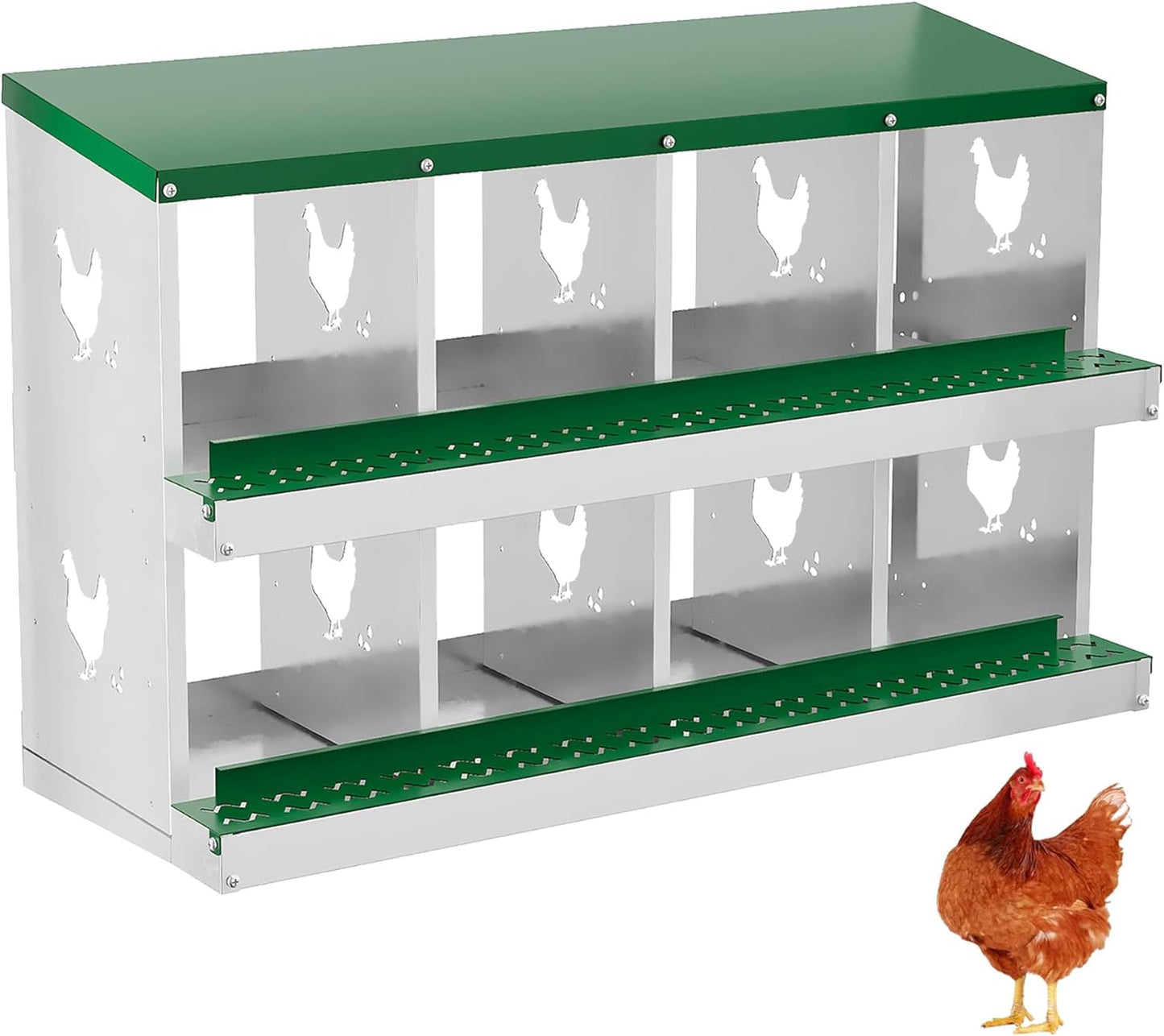 8 Hole Chicken Nesting Box with Roll Out Egg Tray, Rustproof & Ventilated Chicken Laying Boxes for Hens, Chickens, Ducks | Easy-Clean Poultry Coop Accessories