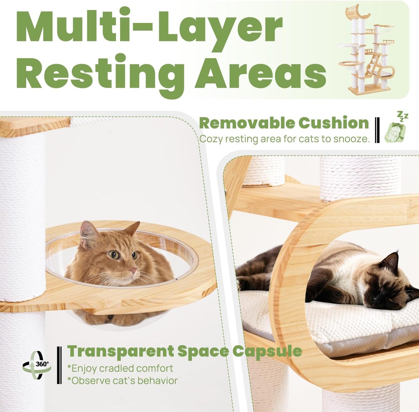 82.7'' Large Cat Tree, Modern Cat Tower with Scratching Post, Luxury Cat House, Wood Cat Tree for Indoor Cats Large Adult, Multi-Level Activity Center with Hammock, Clear Bowl, Semi-Closed Condo