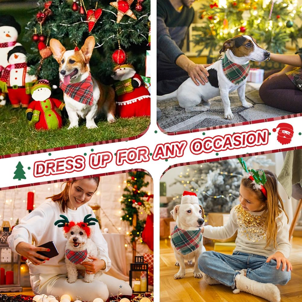 Vivifying Dog Christmas Bandana with Tassels Edges, 2 Pack Classic Plaid Triangle Pet Apparel & Accessories, Funny Holiday Dog Scarf Costume for Photo Prop, and Party Decor (Small, Red&Green)