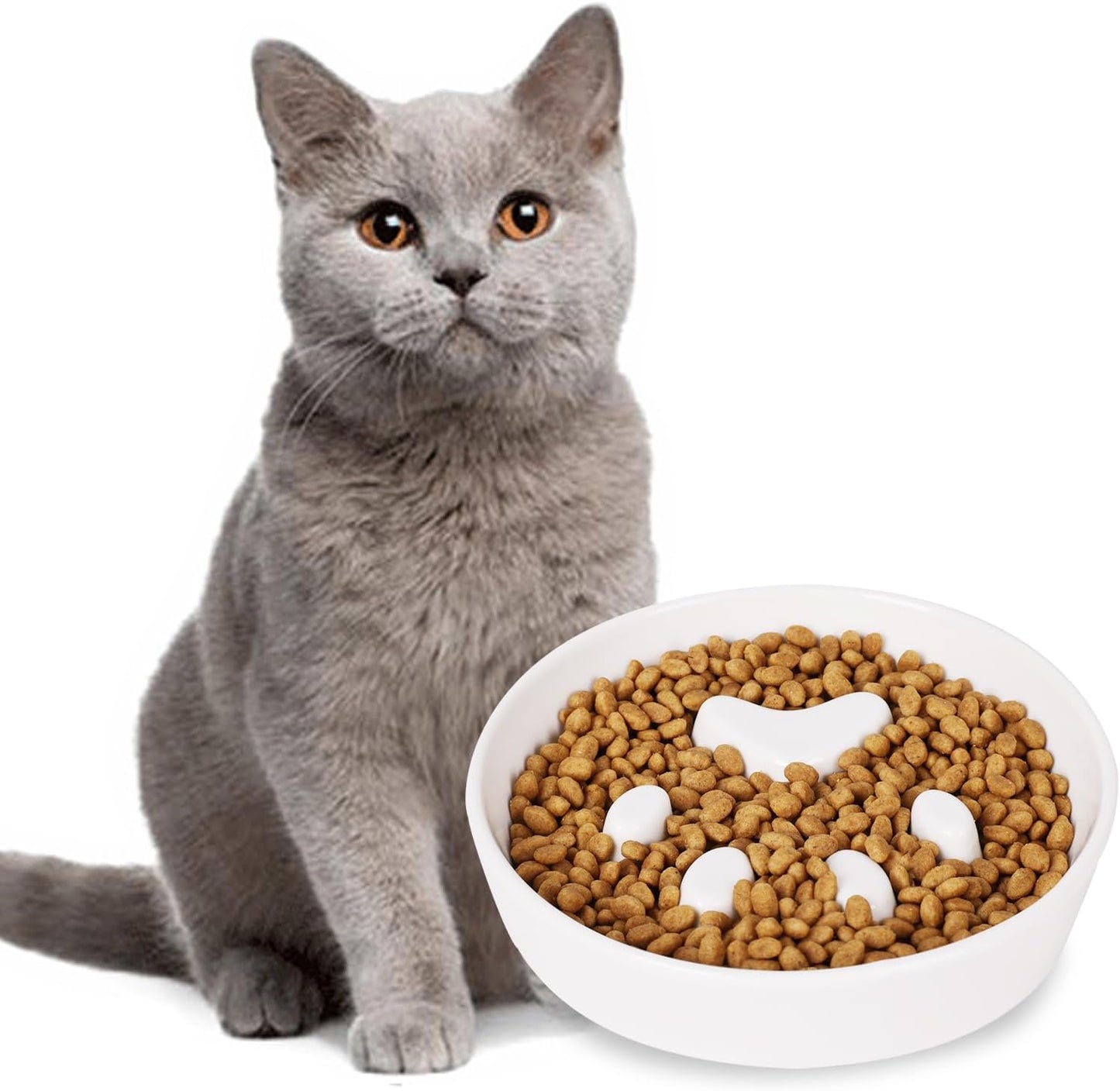 Slow Feeder Cat Bowls, Ceramic Fun Slow Eater Bowl for Cats (White)