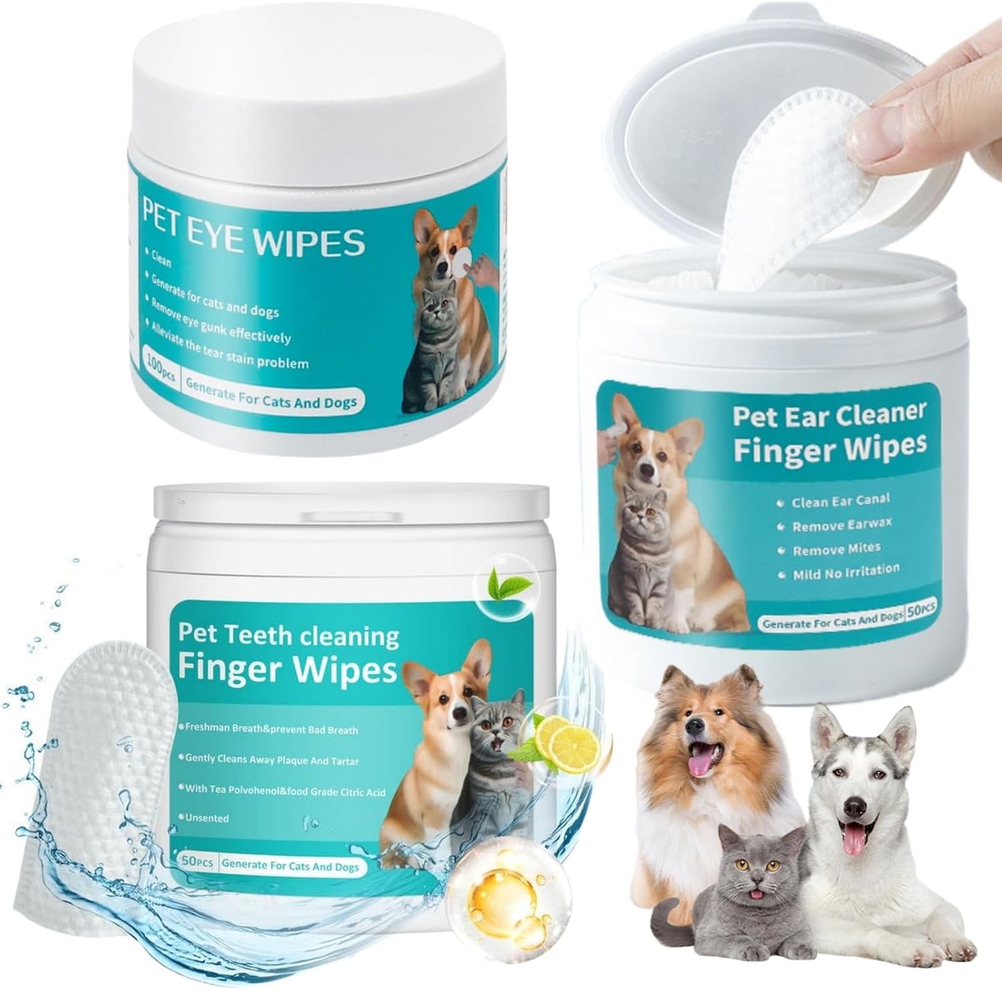 Pet Cleaning Wipes Kit For Dogs&Cats,includes Ear Finger Wipes,Teeth Finger Wipes and Eyes Wipes,Gently Clean Dogs&Cats Ear Wax,Remove Plaque&Tartar Buildup and Reduce Tear Stains,Non-Irritatingogs