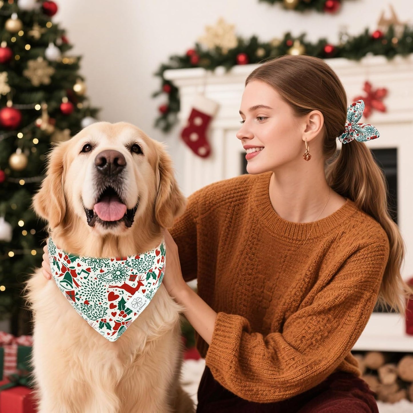 E-Clover Christmas Dog Bandanas & Matching Scrunchie Set White Green Red Dog Scarf Bibs Pet Bandana with Bow Tie for Medium Large Dogs Owner Mom Winter