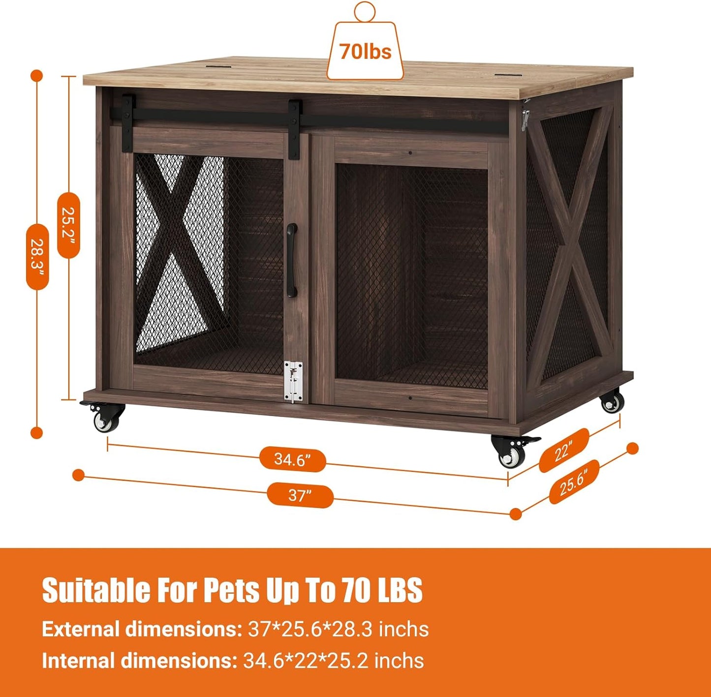 Dog Crate Furniture,37 Inch Indoor Dog Cage with Sliding Barn Door, Flip Top Dog Kennel End Table with Removable Divider, Farmhouse Wooden Pet House for Small to Middle Size Dogs