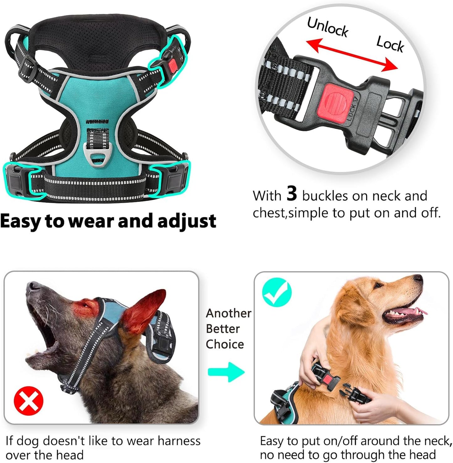 Timos Dog Harness, No-Pull Pet Harness with 2 Leash Clips, Adjustable Soft Padded Dog Vest, Reflective Outdoor Pet Oxford Vest with Easy Control Handle Turquoise