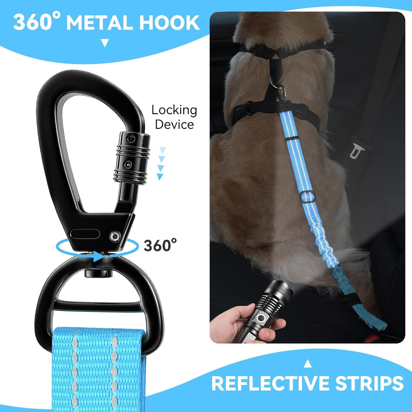 Pawaboo 2Pack Dog Seatbelt for Car, 3-in-1 Dog Seat Belt Bungee, Shockproof Dog Tether for Car with Buckle & Hook Latch, Adjustable Reflective Dog Car Harness Leash with 360° Lockable Buckle, Blue