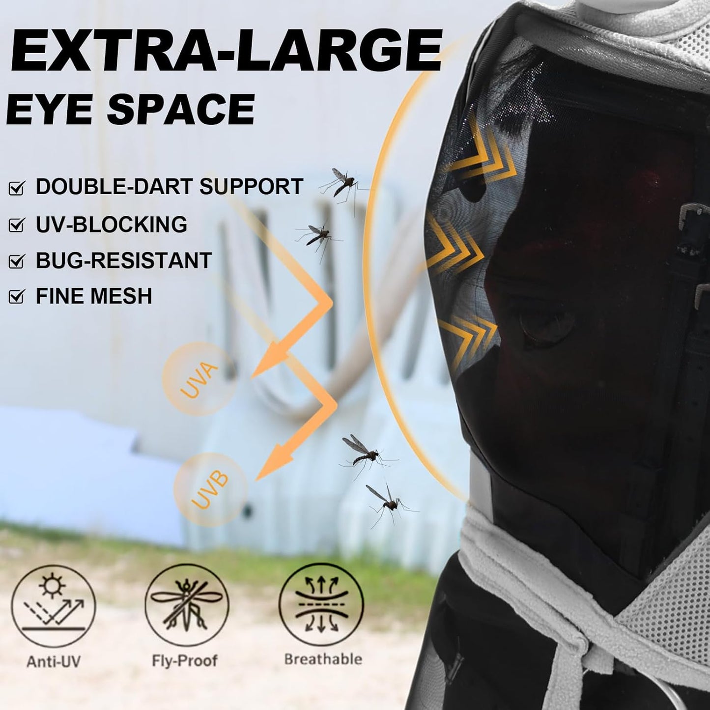 Luminous Horse Fly Mask with Long Nose, Ears, Full Face & Eye Protection - Full Mesh, Detachable Nose Cover, Fleece Padded Edging, Hook-and-Loop Straps with Webbing, Hanging Straps Grey