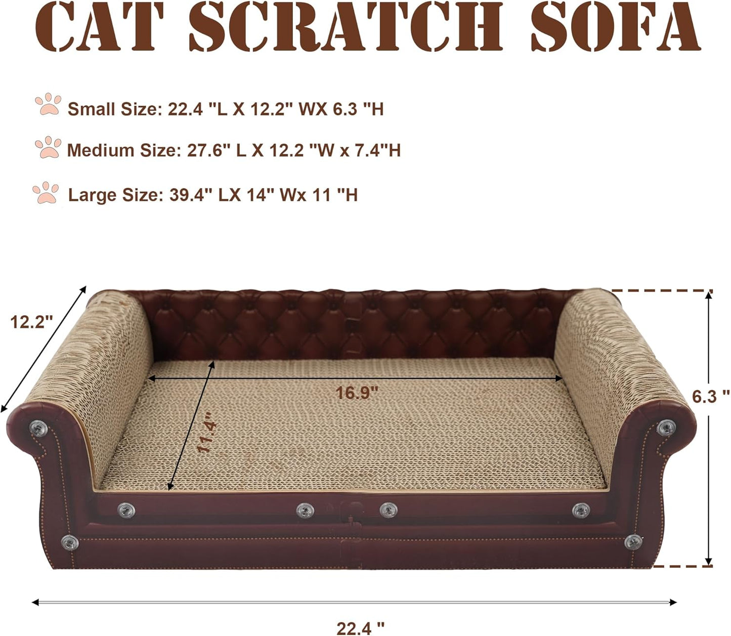 Scratching Sofa, Couch Shaped Thick Scratching Cardboard, Lounge Bed for Indoor Rest&Play, Sofa Scratcher Pad (Brown, 22.4" L X 12.2" W X 6.3" H)
