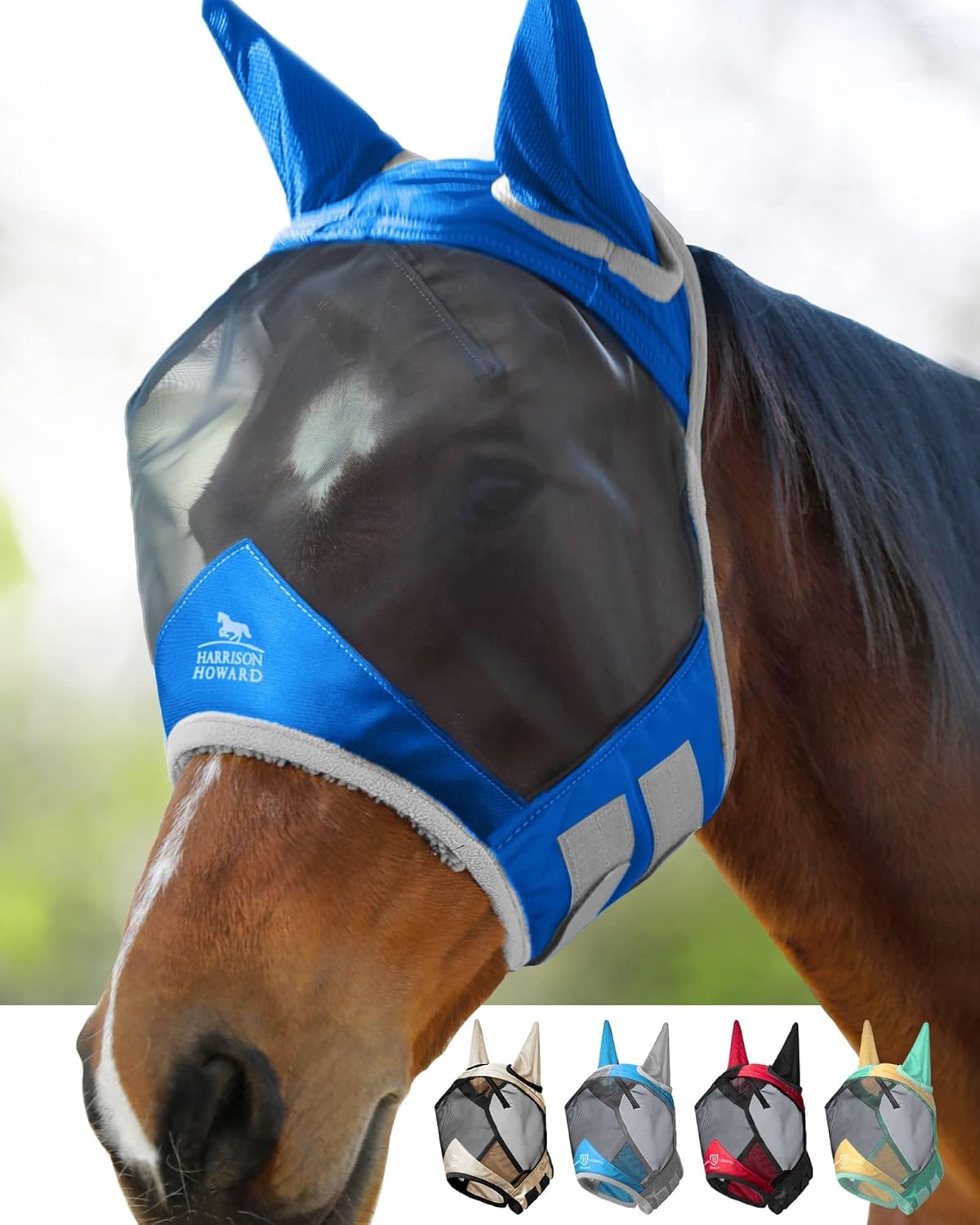 Harrison Howard Pro Luminous Horse Fly Mask Large Eye Space Standard with Ears UV Protection for Horse Signature Blue Small Pony