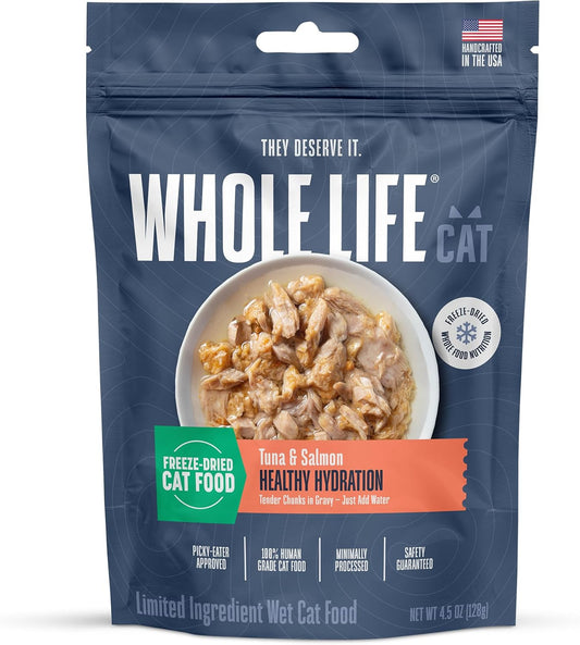 Whole Life Cat Freeze Dried Cat Food - Human-Grade Wet Food Toppers, Single Ingredient Snacks & Lickable Treats, Instantly Hydrating Natural Broth Just Add Water, Made in USA - Salmon & Tuna, 3 Oz