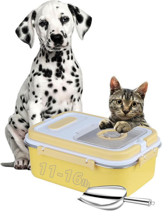 Sanbo Dog Food Storage Container Stainless Steel with Scoop, Airtight Pet Metal Food Storage Bin,Cat Food Canister,Storage Box with Date Tracker for Kitchen (Yellow, 7.5L)