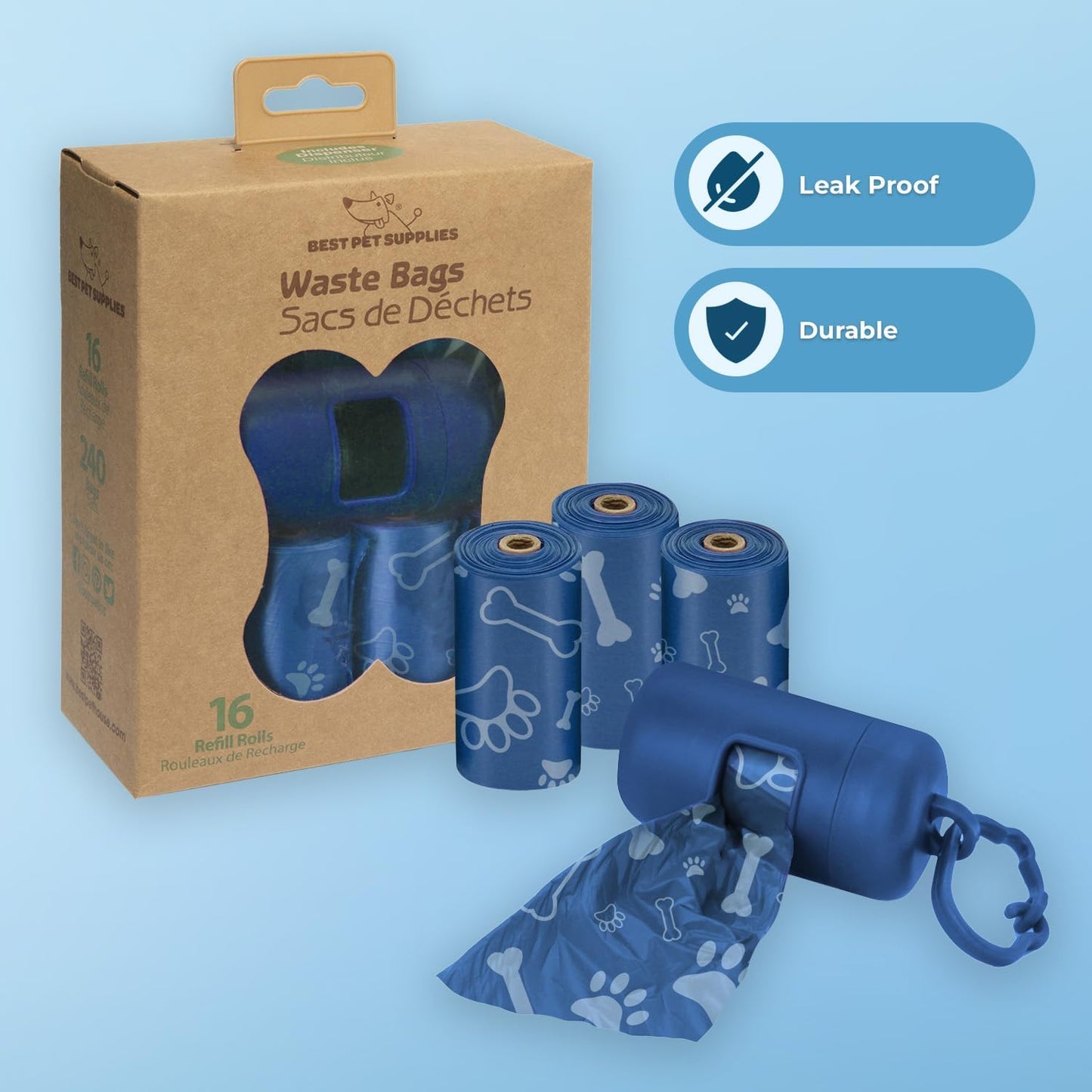 Best Pet Supplies Dog Poop Bags (240 Bags) for Waste Refuse Cleanup, Doggy Roll Replacements for Outdoor Puppy Walking and Travel, Leak Proof and Tear Resistant, Thick Plastic - Royal Blue