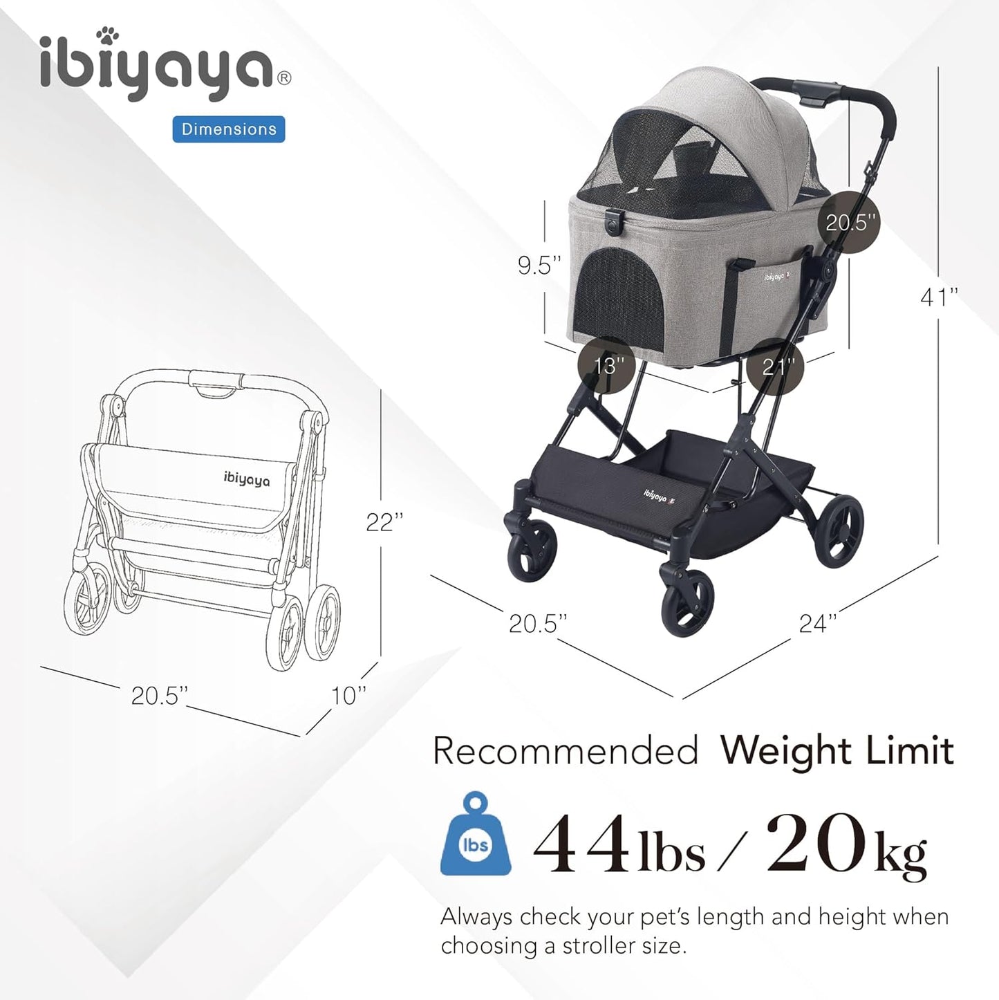 ibiyaya Essential – Travois Tri-Fold Pet Travel System for Medium Dogs, Cats, and More, 3 in 1 Dog Stroller with Detachable Carrier, XL Cabin (Taupe Gray)