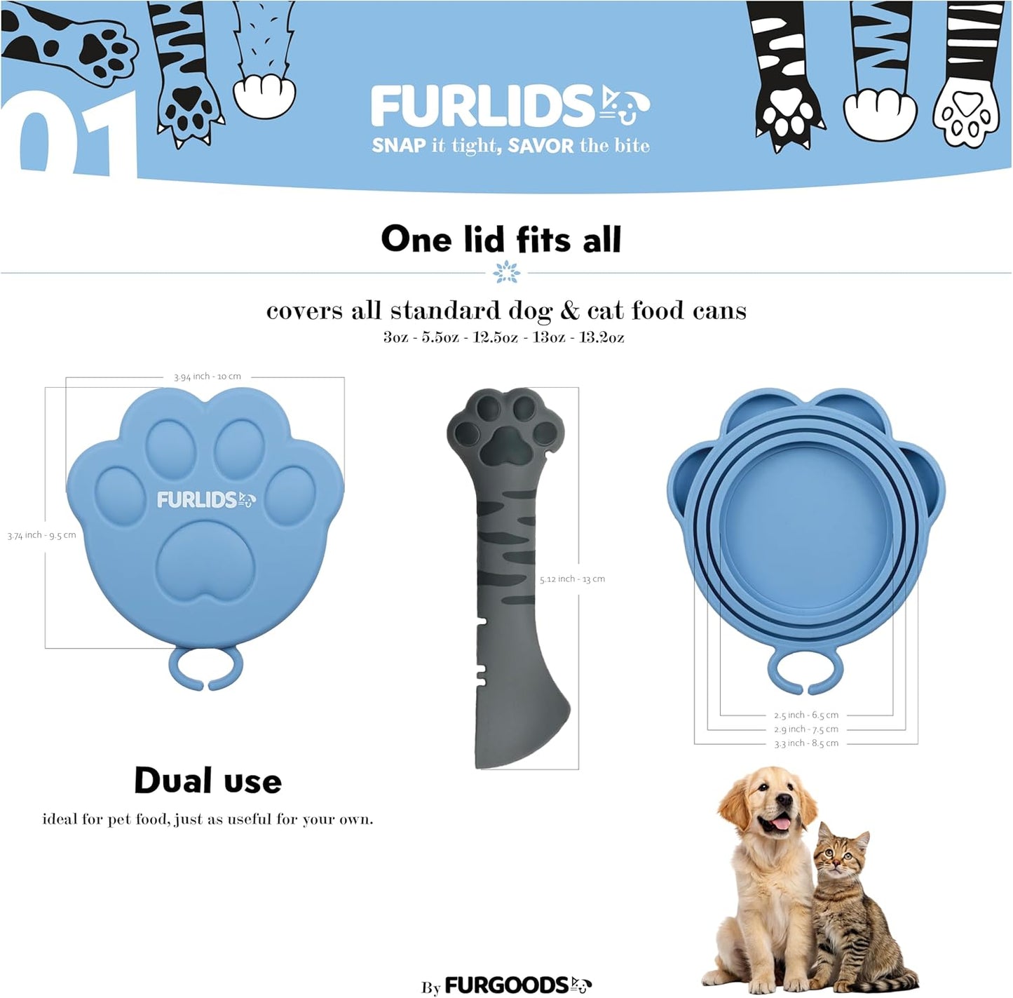 FurLids Silicone Pet Food Can Cover Lids Spatula for Dog & Cat Fresh Wet Food | Fits 3, 5.5, 12 oz | Airtight Snap Seal, Reusable, Dishwasher & Fridge Safe (Multicolor lids and grey spatula)