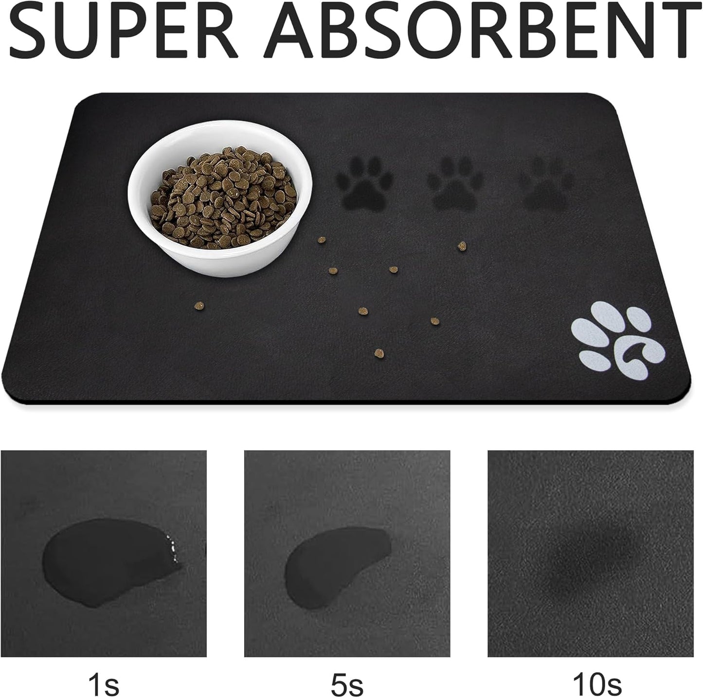 YCT Pet Cat Food Mats for Dog Food Mat, Cat Mat for Food, Pet Dog Cat Feeding Mat Eating Mat Pet Dog Cat Bowl Mats, Non-Slip Super Absorbent, with Footprints Logo，18.1 x 11.8 inches, Black