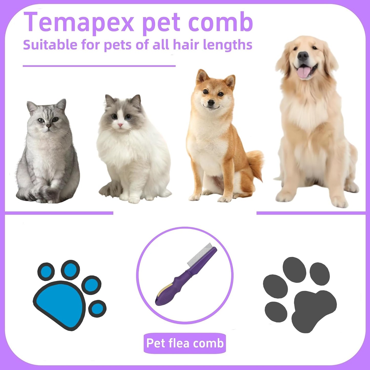 Pet Flea Comb for Dogs & Cats,Removes Tangles & Flea, Tear Stain Removal, Stainless Steel Metal Teeth, Non-slip & Anti-static Rubber Handle, Safe & Gentle Pet Grooming Comb