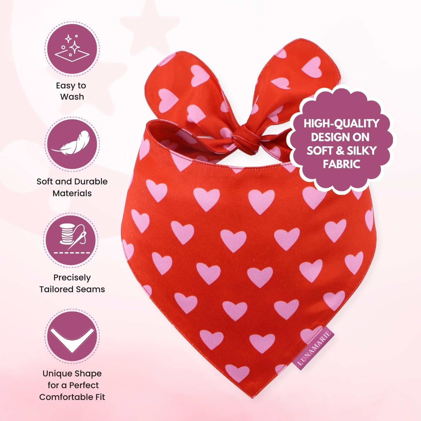 LunaMarie - Luxury Pet Birthday Bandanas -Premium & Silky Poly Fabric | 100% Handmade | Custom Shape Dual Layered (Evie Hearts, Small)