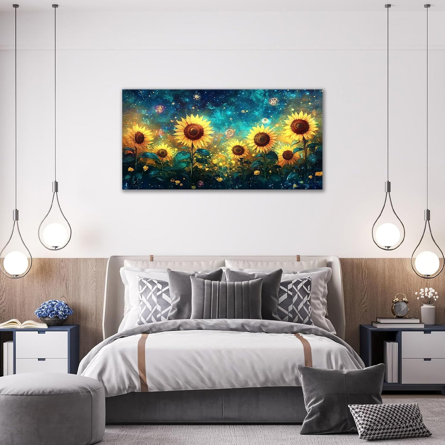 Quorin Sunflower Large Wall Art Starry Night Sky Pictures Sunflower Fields Wall Decor Canvas Print Painting Artwork for Bathroom Living Room Bedroom 30"x60"