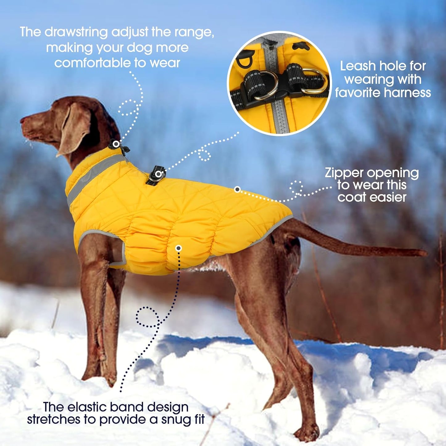 FUAMEY Dog Coat for Large Dogs,Waterproof Dog Winter Jacket with Harness Built in Puppy Cold Weather Coats Reflective Pet Vest with Zipper Warm Fleece Dogs Snowsuit Windproof Yellow XL