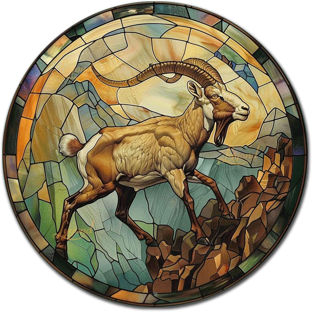 Lygond Metal Sign Tin Sign Circular Stained Glass Mountain Goat Wall Art for Bar 12×12 Inches