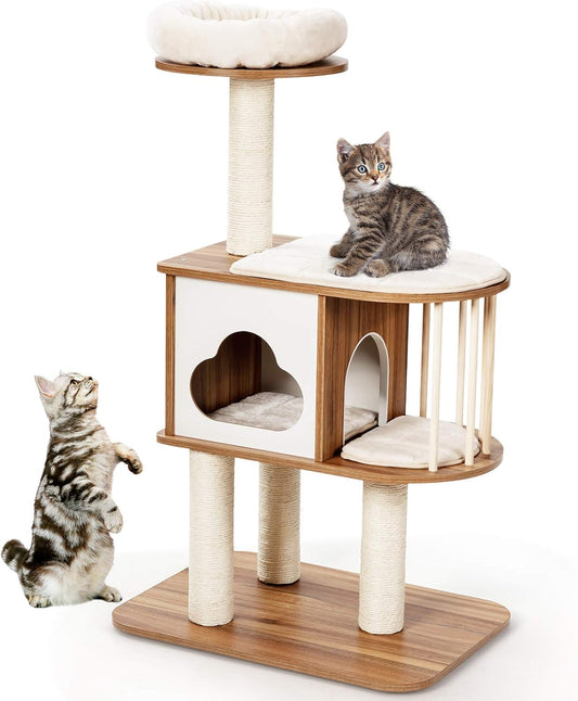 Tangkula Modern Wood Cat Tree, 46 Inches Cat Tower with Platform, Cat Activity Center with Scratching Posts and Washable Cushions, Wooden Cat Condo Furniture for Kittens and Cats (Natural)