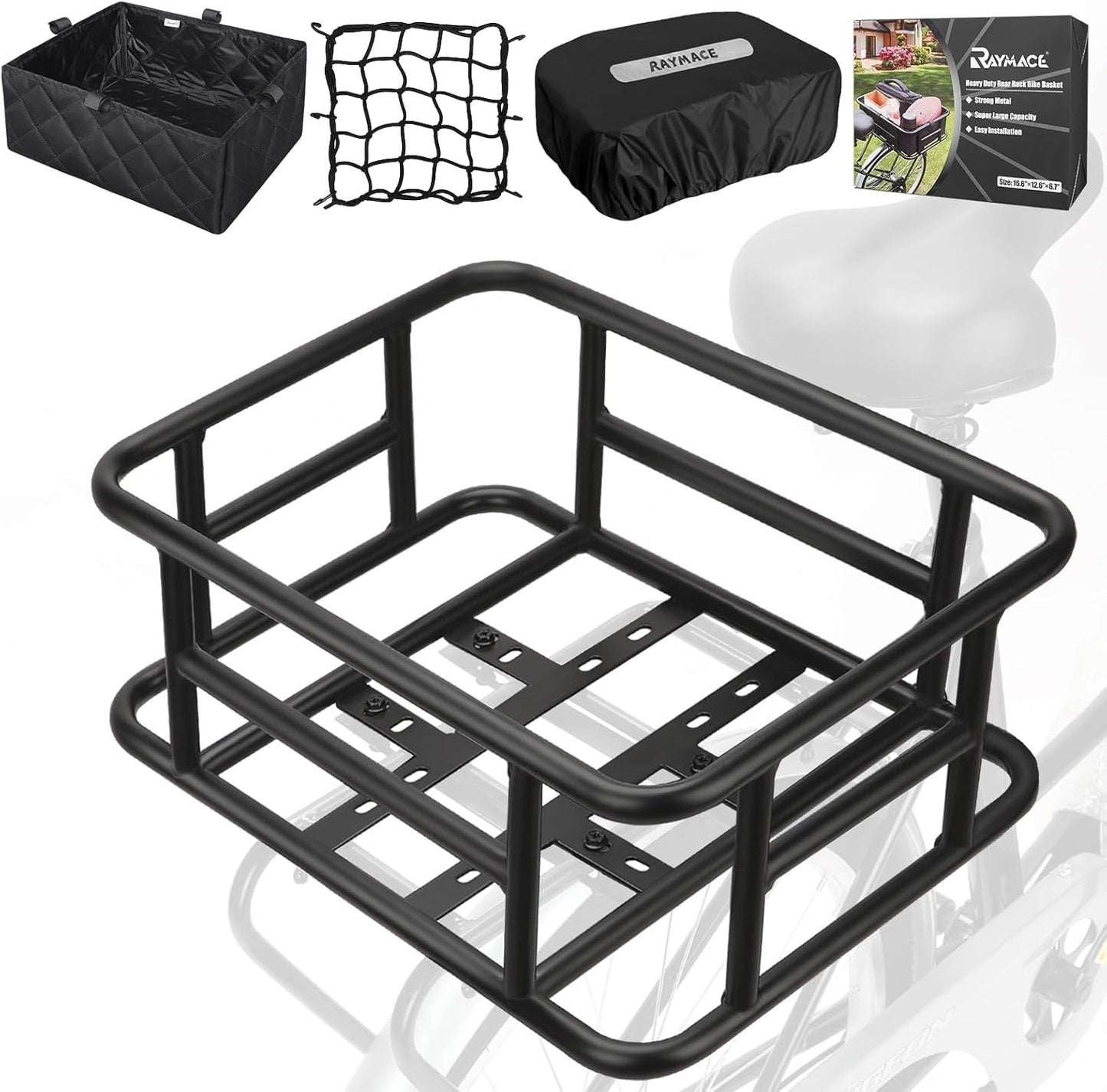 RAYMACE Rear Rack Bike Basket with Cargo Net and Liner Large Bicycle Basket Perfect Mount for Electric Bike
