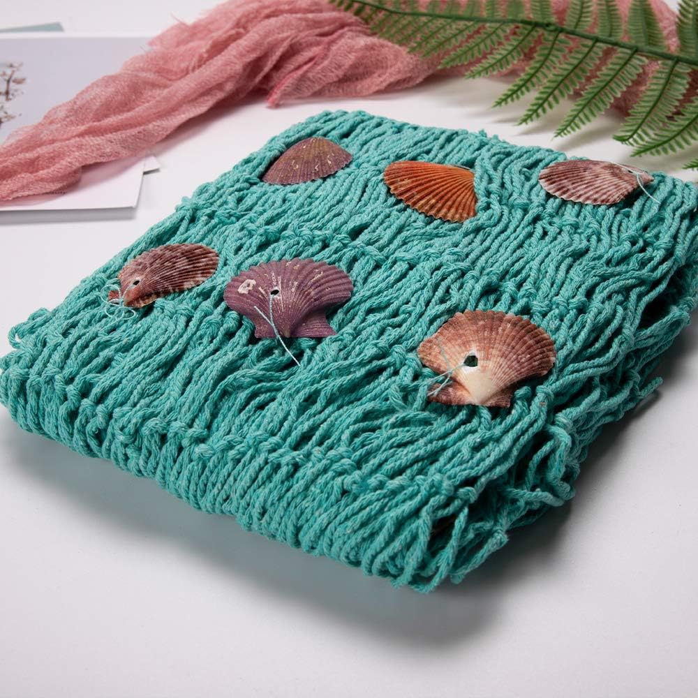 Rosoz Nature Fish Net Wall Decoration with Shells, Ocean Themed Wall Hangings Fishing Net Party Decor for Pirate Party,Wedding,Photographing Decoration (Aqua)