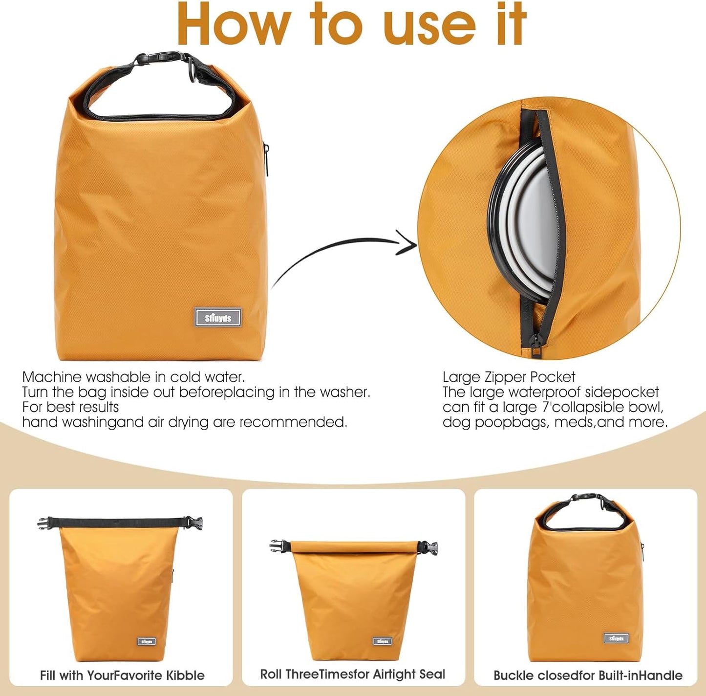 Pet Food Storage Bag,Dog Food Travel Bag with 2PCS Collapsible Dog Travel Bowls,Waterproof Kibble Storage Container(Yellow, Small)