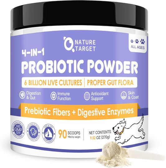 NATURE TARGET Probiotics for Dogs - Dog Probiotics, Plus Prebiotic, Digestive Enzymes, Fiber, Support Gut, Immune Health, 6 Billion CFU Dog Probiotic Powder, Relieve Diarrhea, Loose Stool, 90 Scoops