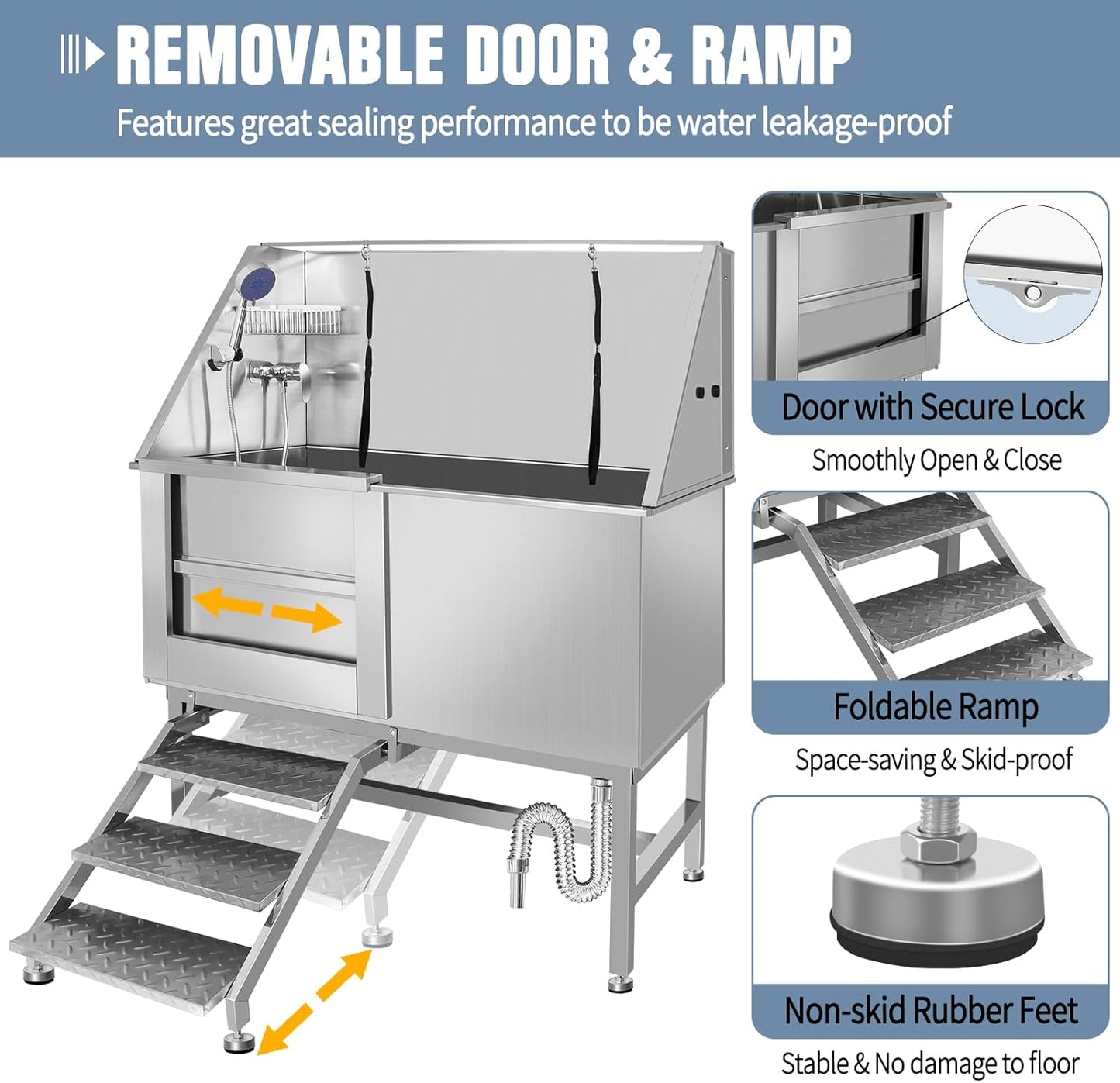 50" Pet Dog Bathing Station W/Stairs, Professional Stainless Steel Dog Grooming Tub W/Soap Box, Faucet,Rich Accessory, Dog Bathtub for Large,Medium,Small Pets, Washing Sink for Home (50" Left ramp)