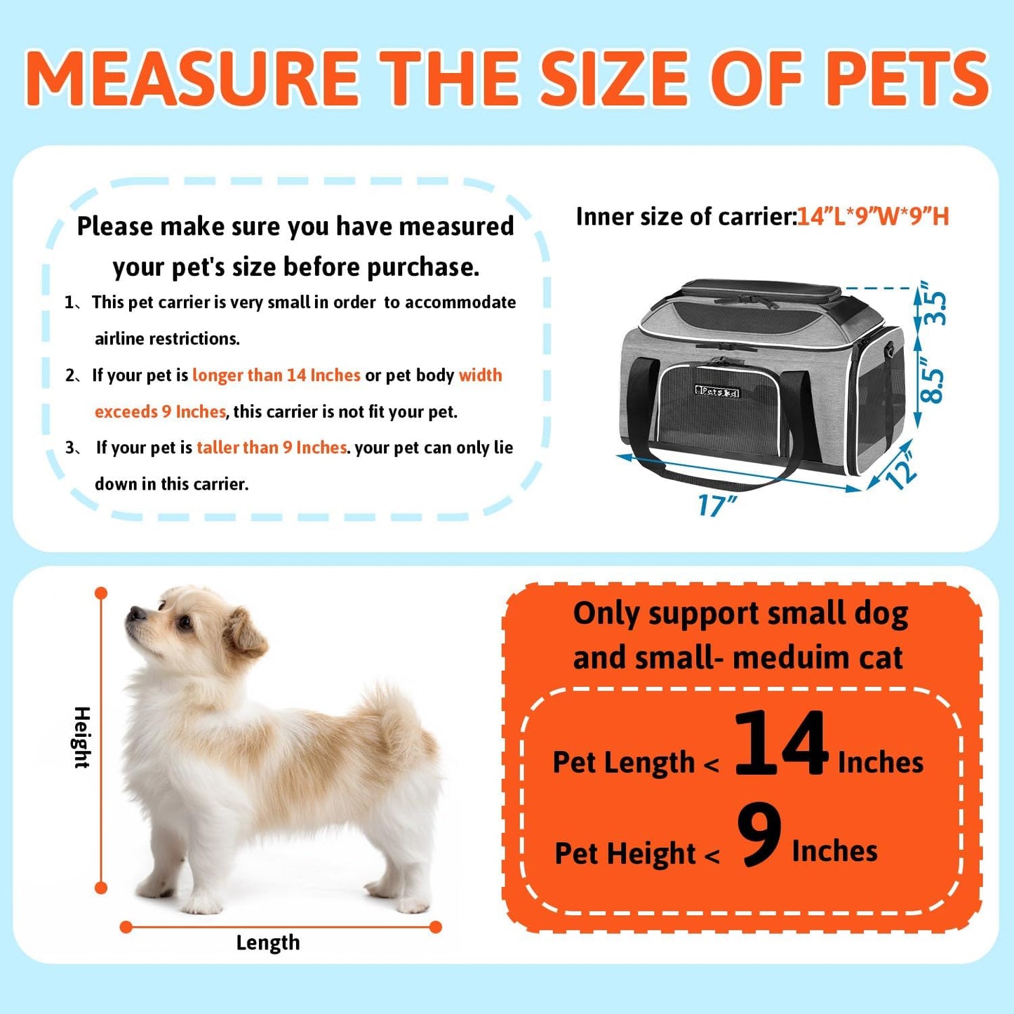 Petskd Top-Expandable Pet Carrier 17x12x8.5 Inches JetBlue Allegiant Spirit Airline Approved, Soft-Sided Carrier for Small Cats and Dogs with Locking Safety Zippers and Anti-Scratch Mesh(Grey)