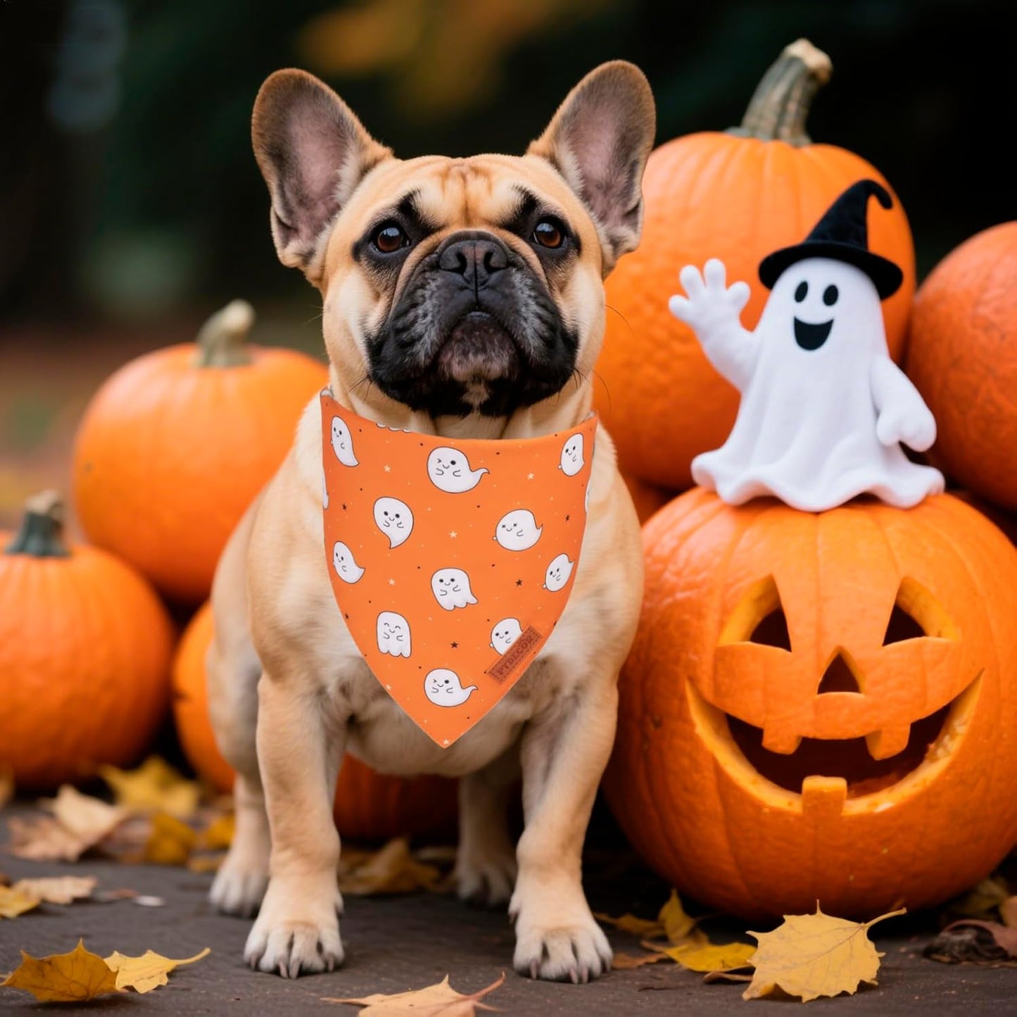 PTDECOR Halloween Dog Bandana, Cute Ghost Pumpkin Design Reversible Holiday Pet Scarf, Adjustable Orange Yellow Halloween Bandanas for Small Dogs Puppies Cats(Small)
