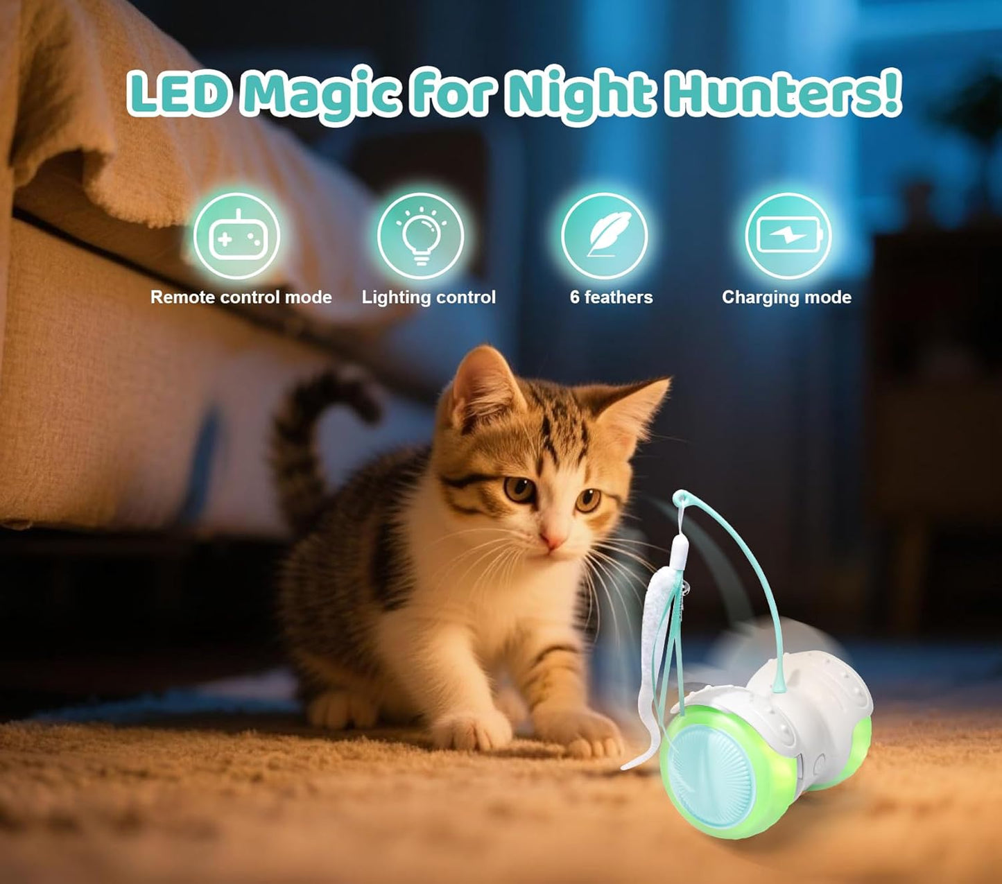 Remote Control Cat Toy with Auto Mode - Interactive Cat Toy Feather for Indoor, Moving Cats Catnip Toys & LED to Keep Bored Cats Active & Entertained