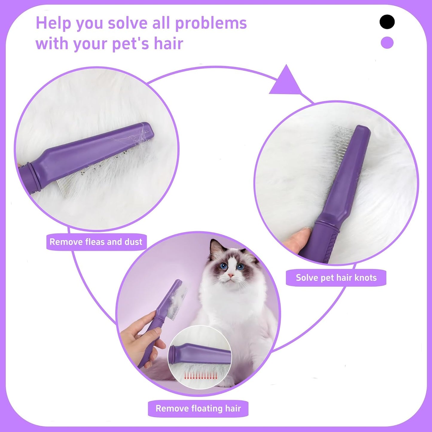 Temapex 3PCS Pet Comb for Grooming Long & Short Haired Cats & Dogs With Stainless Steel Metal Teeth for Removes Tangles & Flea, Non-Slip & Anti-Static Rubber Handle, Safe & Gentle