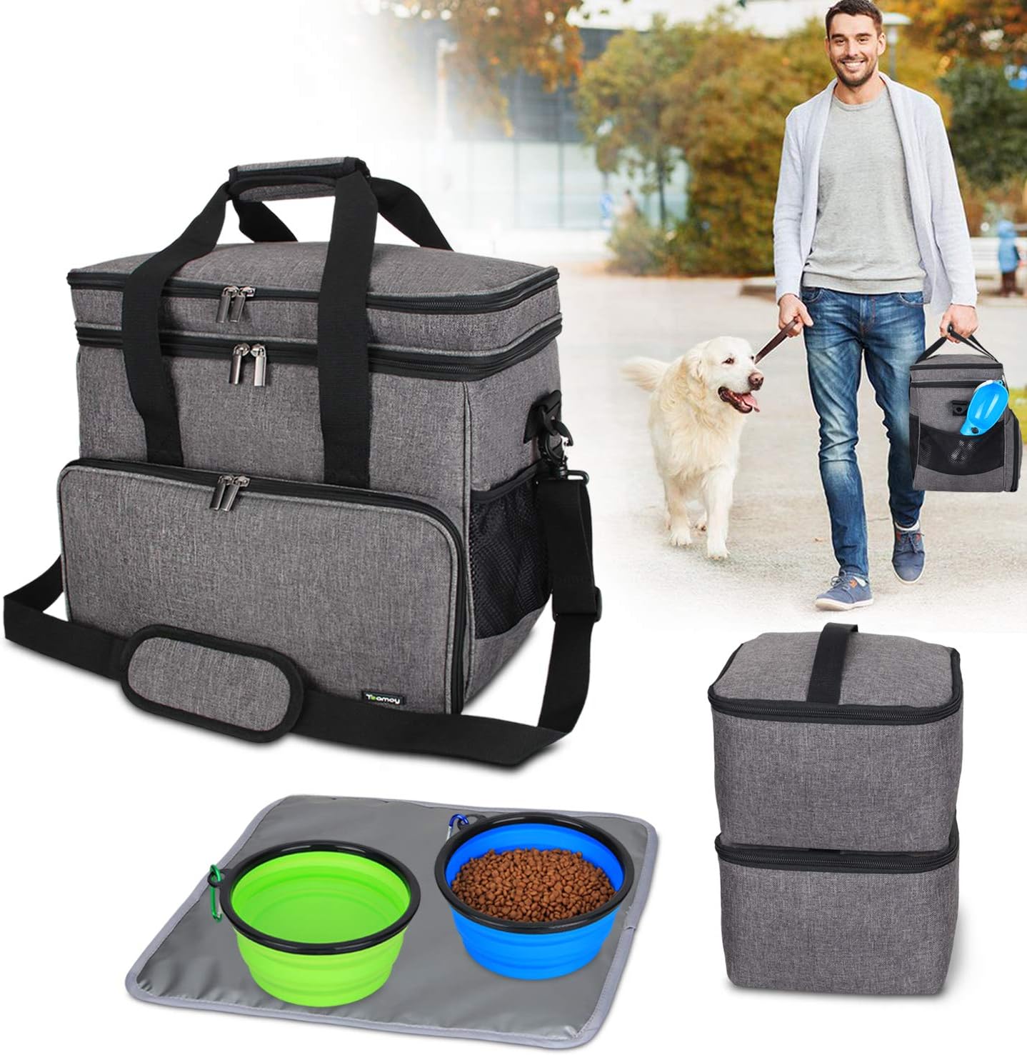 Teamoy Double Layer Dog Travel Bag, Dog Bag for Supplies with 2 Silicone Collapsible Bowls, 2 Food Carriers, 1 Water-Resistant Placemat, Pet Supplies Weekend Tote Organizer (Large, Gray)