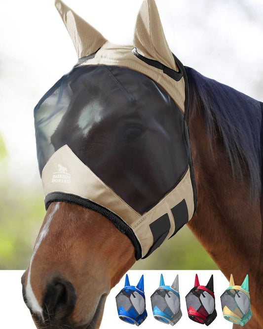 Harrison Howard Pro Luminous Horse Fly Mask Large Eye Space Standard with Ears UV Protection for Horse Light Champagne Small Pony
