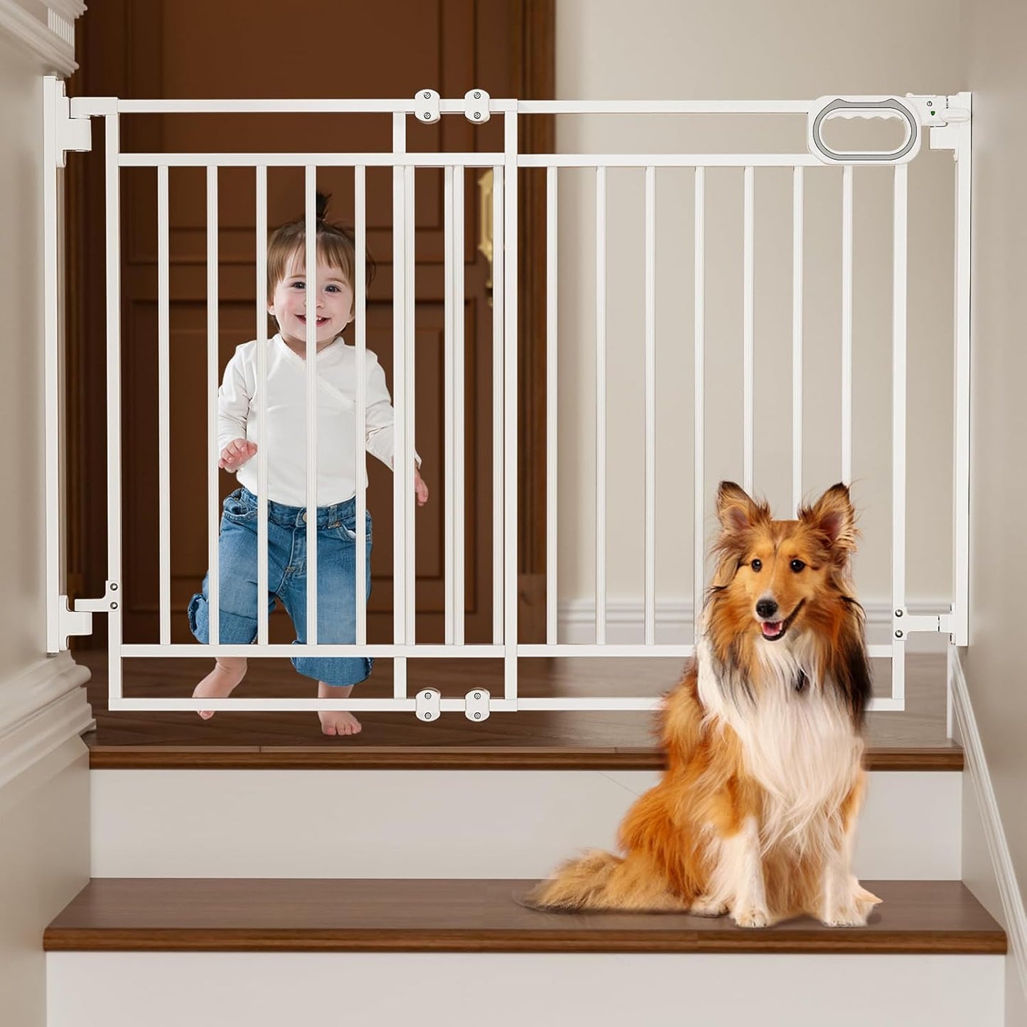 Grownsy Baby Gate for Stairs- No Bottom Bar, Adjustable Width 29.8” to 43.5” for Child and Pet, Dog Gate with Auto-Close & One-Hand Operation, Screw-in Installation for Doorways and Indoor Use