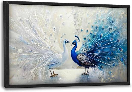 Quorin Peacock Large Wall Art Blue and White Pictures Elegant Animal Wall Decor Canvas Print Painting Artwork for Bathroom Living Room Bedroom 36L x 24W