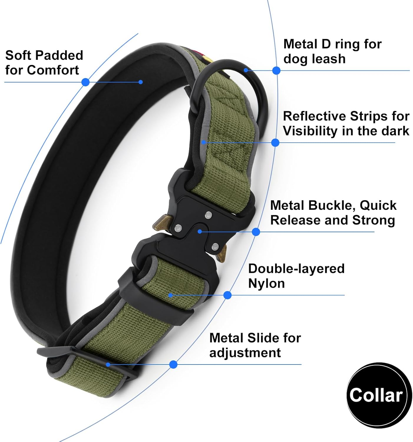 Plutus Pet Tactical Dog Collar, Reflective, Adjustable Heavy Duty Dog Collar, Soft Padded and Comfortable, for Small Medium and Large Dogs (Ranger Green, M)