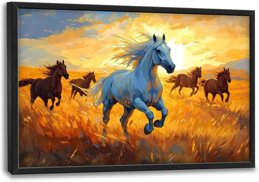 Framed Large Horse Wall Art for Living Room, Oversized Running Horses Wall Decor, Sunset Field Landscape Canvas Painting Home Decoration for Living Room Bedroom Dining Room Office 36"x24"