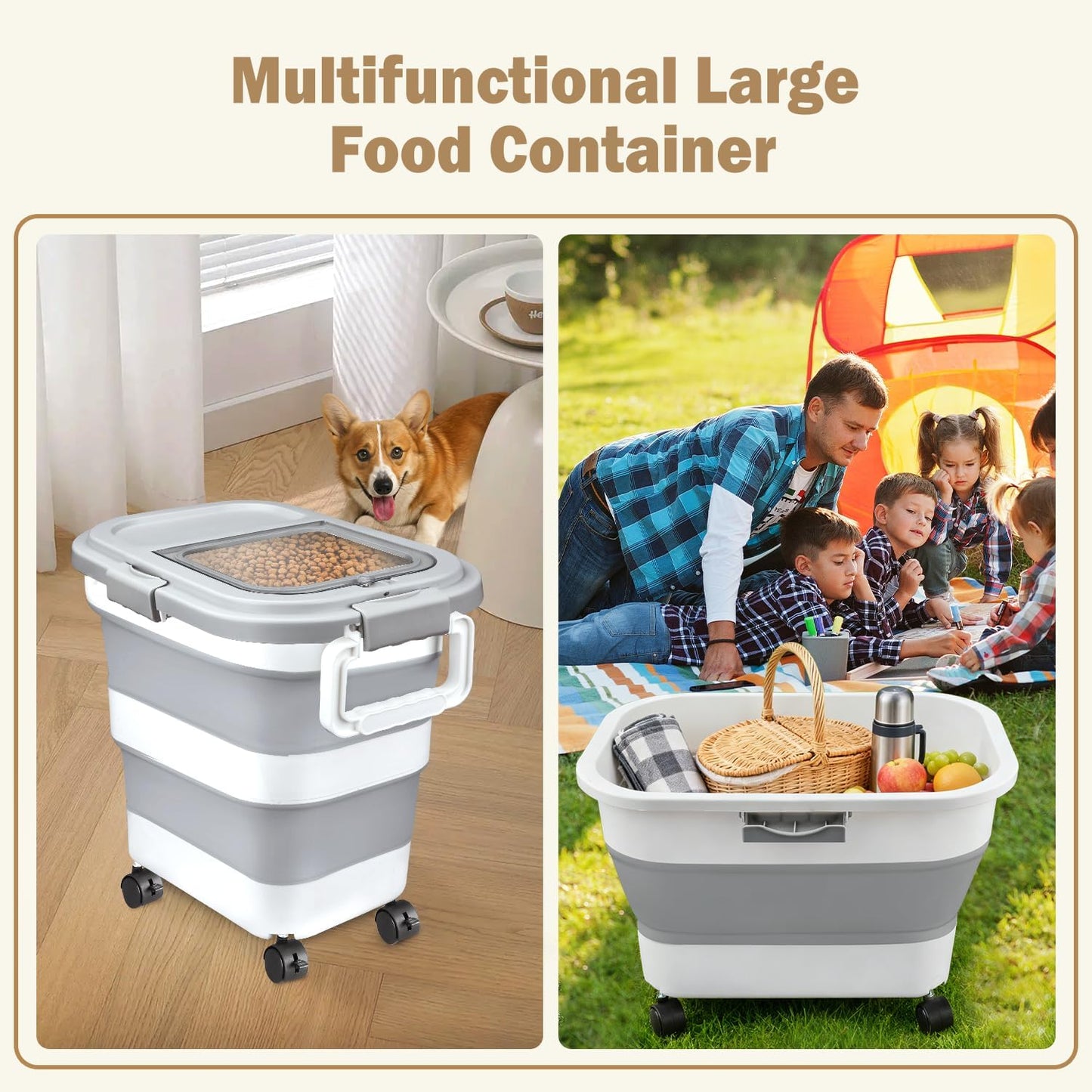 Rice Storage Container, Collapsible Airtight Food Storage Containers 20-30 Lbs, Rice Dispenser Bin with Cup and Scoop for Flour Cereal Pasta Grain, Cat Bird Pet Dog Food Storage Container