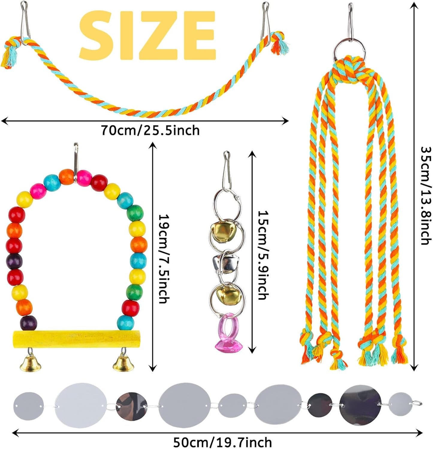 8 pcs Bird Toys for Parakeets with Colorful Ladder Hammock Bird Cage Accessories Bird Perch Stand Chewing Toys Hanging Bell Parrot