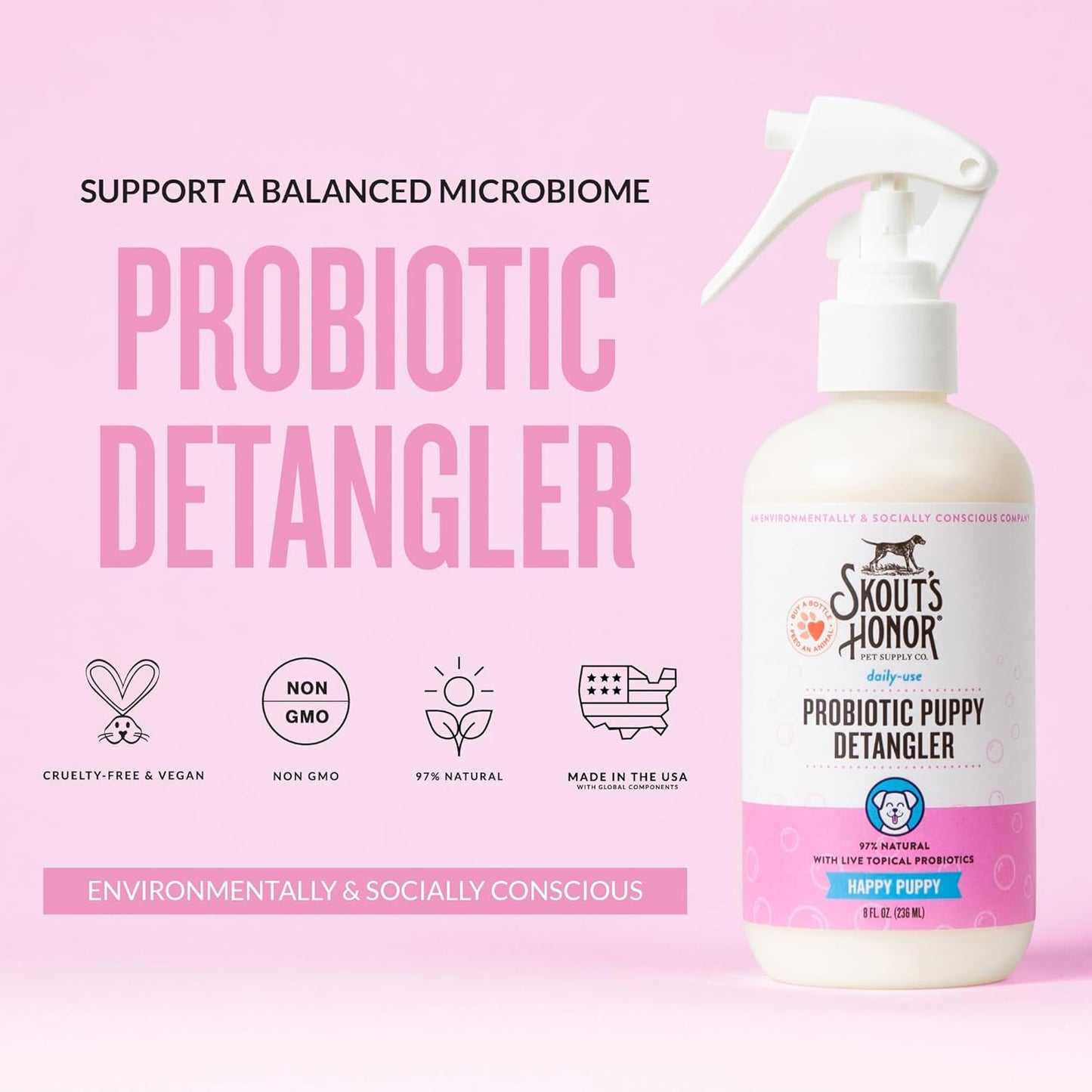 Skout's Honor Probiotic Pet Detangler Spray - Hydrating & Conditioning with Avocado Oil, 97% Natural, Paraben & Sulfate-Free, softens for a More brushable Coat, Daily Use, 8oz, Happy Puppy