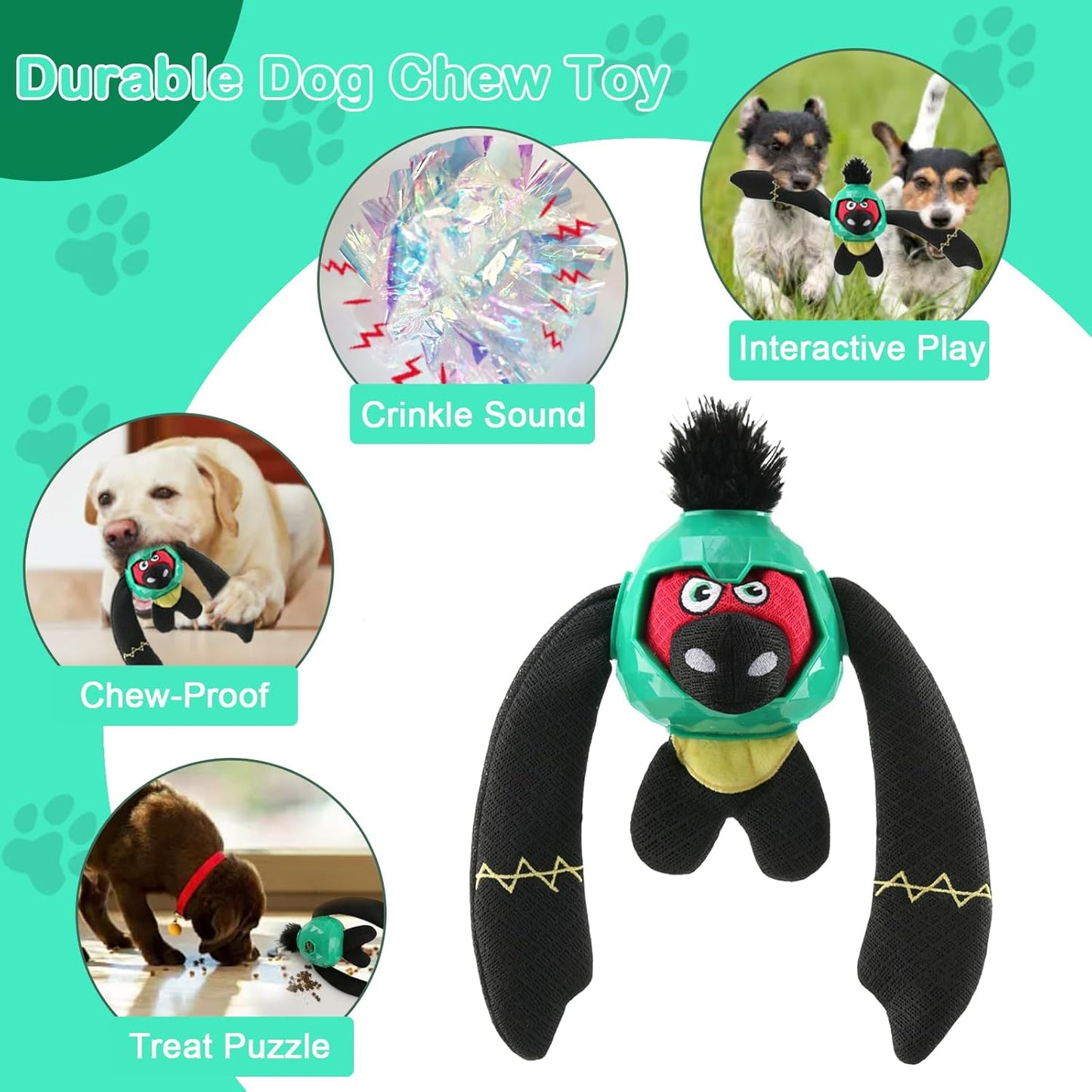 Tough Dog Toys – Crinkle Dog Chew Toys to Keep Them Busy, Interactive Treat Dispensing Puppy Puzzle Toys for Boredom Relief, Less Stuffed Pet Toys for Small, Medium and Large Dogs (Green)